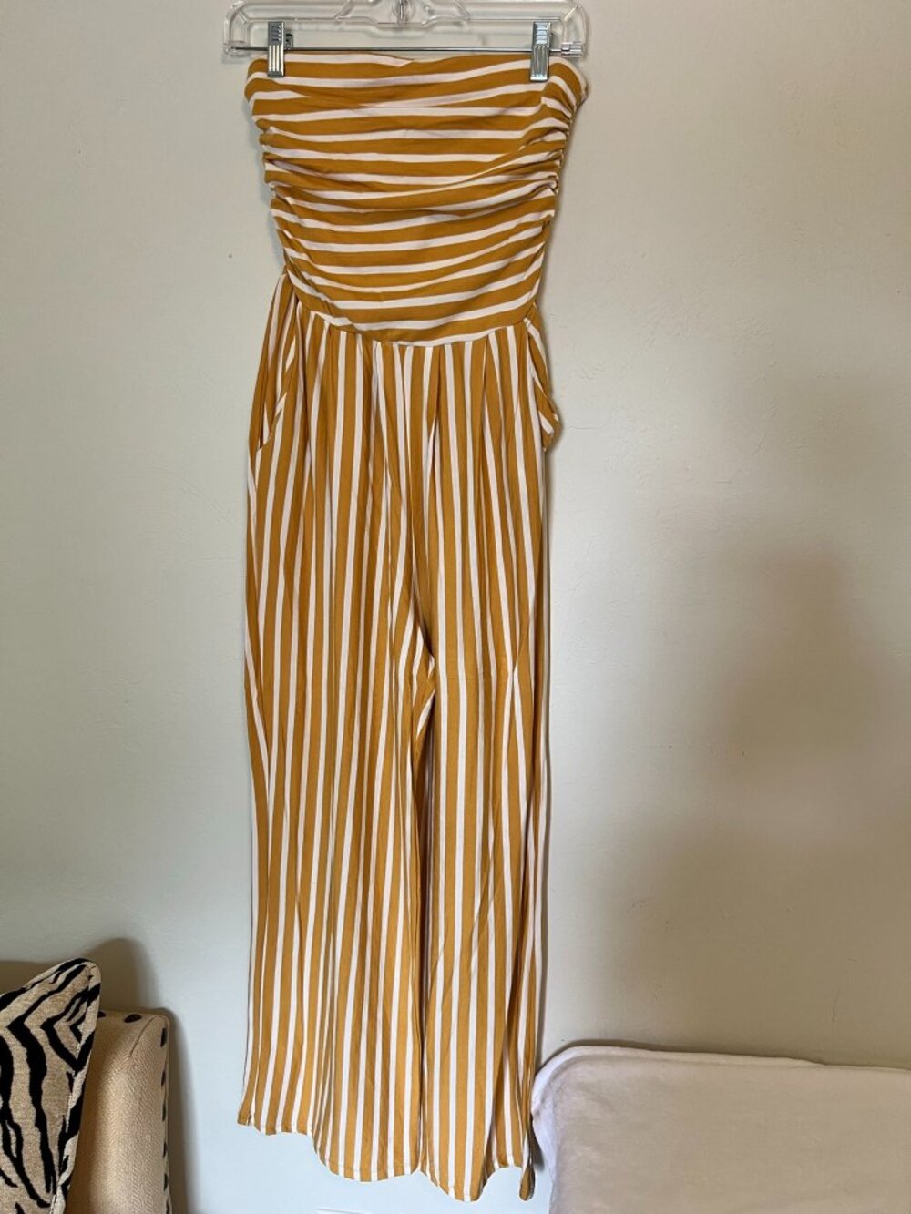 Heart & Hips Mustard and White Striped Strapless Jumpsuit